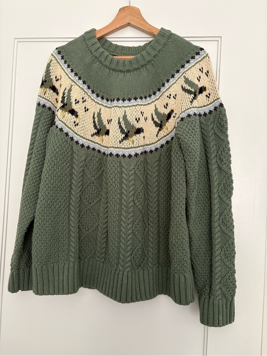 L.L. Bean Sweaters - LL Bean Signature Green Cable Knit Fair Isle Sweater with Bird Motif Size XL